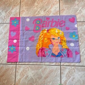 Vintage 1991 Barbie Pillowcase Mattel Pink Purple Hearts Flowers Two Sided